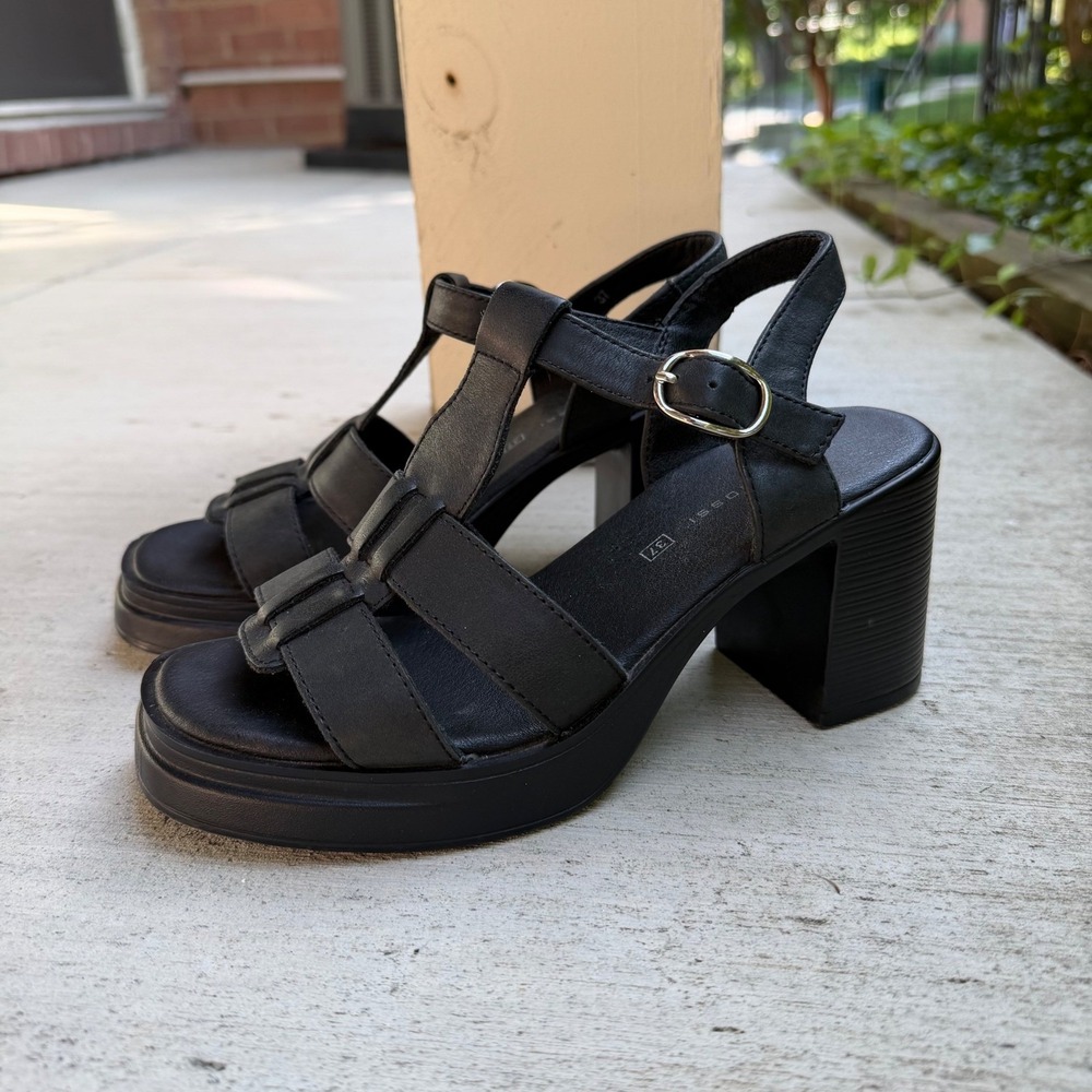 Bruno Rossi Black Leather Platform Sandals Chunky Heel Size 37 US 6.5-7 y2k vibe